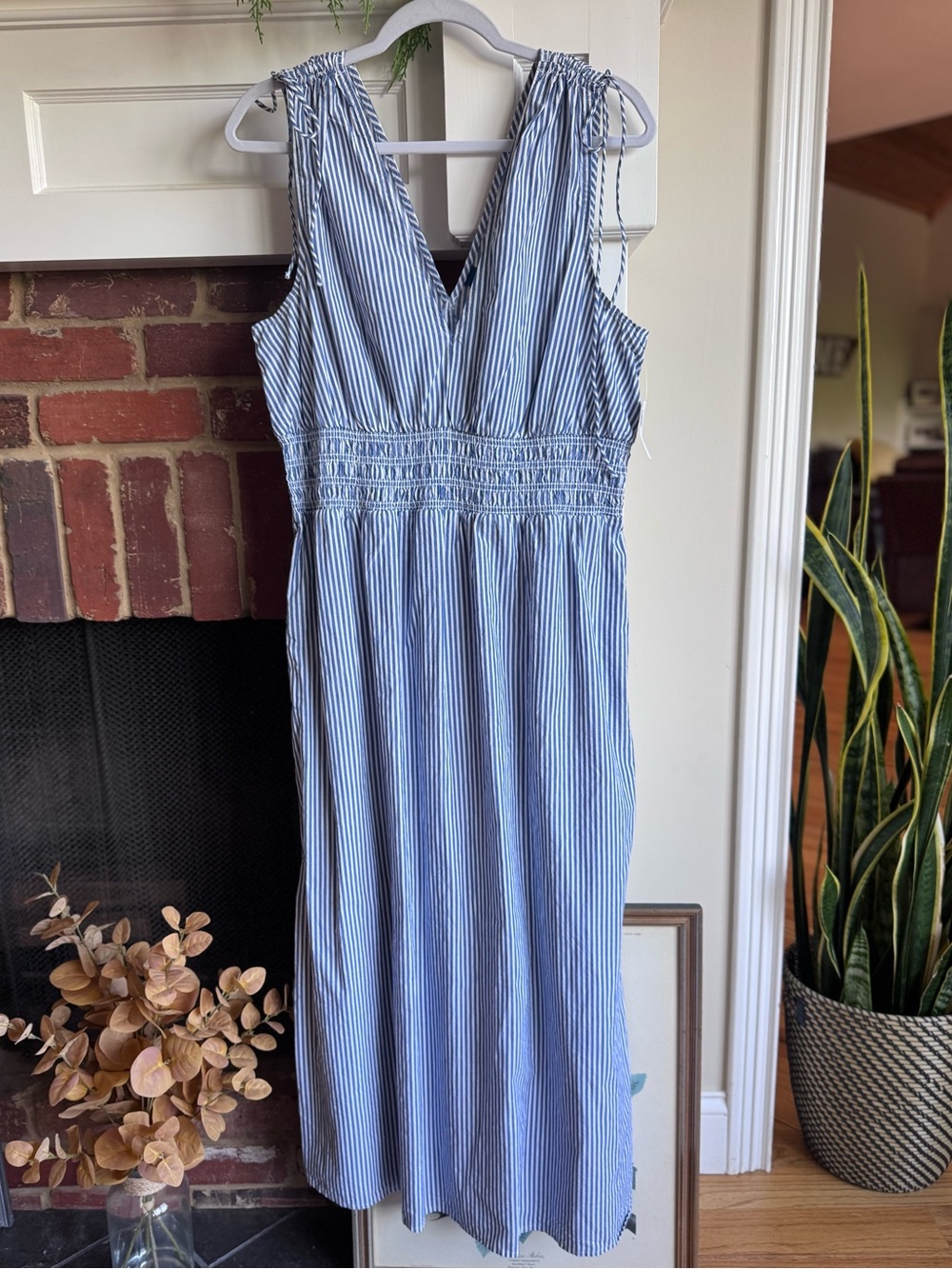 Old Navy Blue and White Striped V-Neck Midi Dress